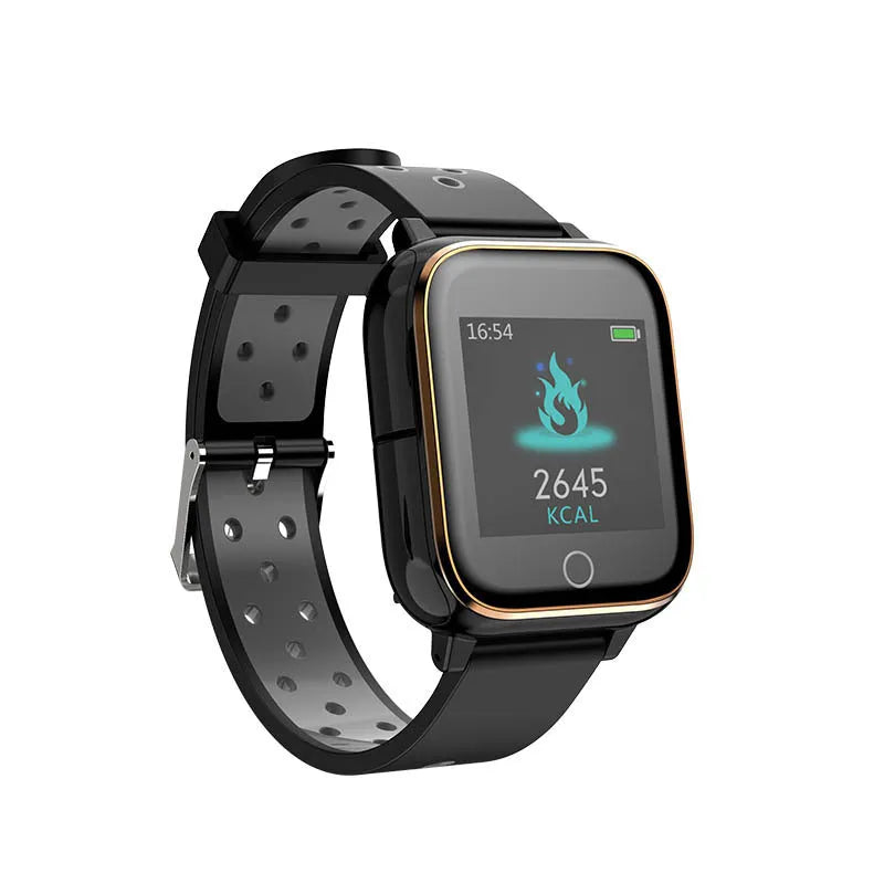 Black smart watch and Bluetooth earphones 2-in-1 fitness tracker on wrist with earbuds stored in watch case.