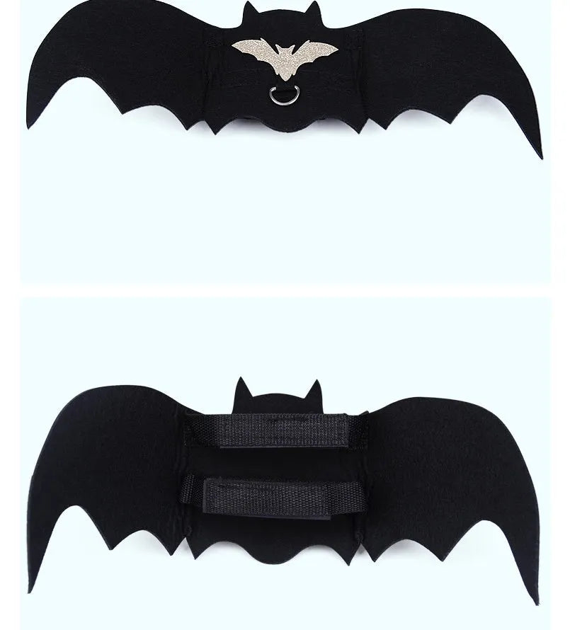 Black bat wing pet costume on dog, polyester felt fabric, Halloween outfit with wing shape