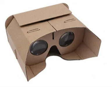 Corrugated paper virtual reality glasses for smartphones between 3.5 and 6 inches wide.