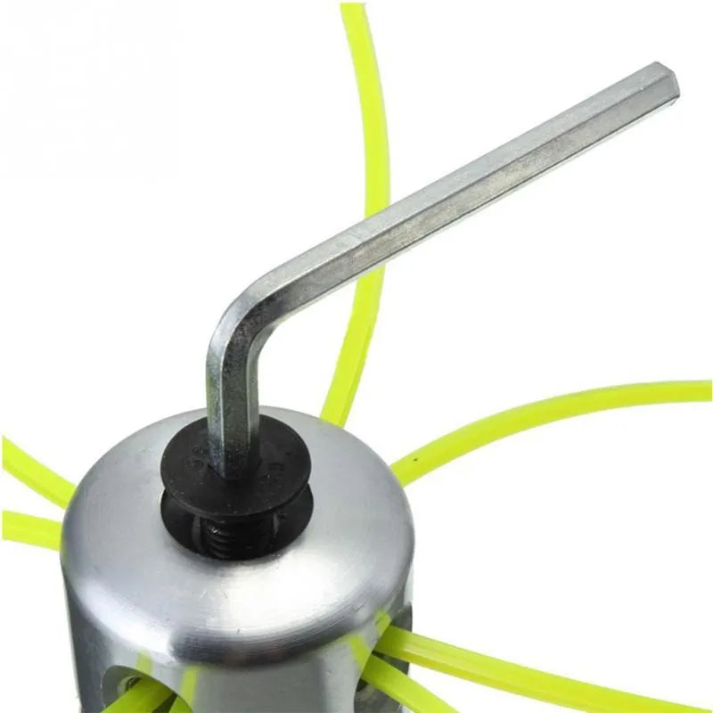 Luzhu aluminium lawn mower grass head kit with four light yellow trimmer lines and a wrench.