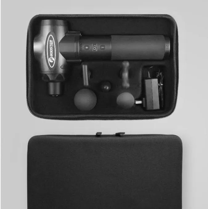 Black and white portable massage gun with adjustable speed control for muscle therapy