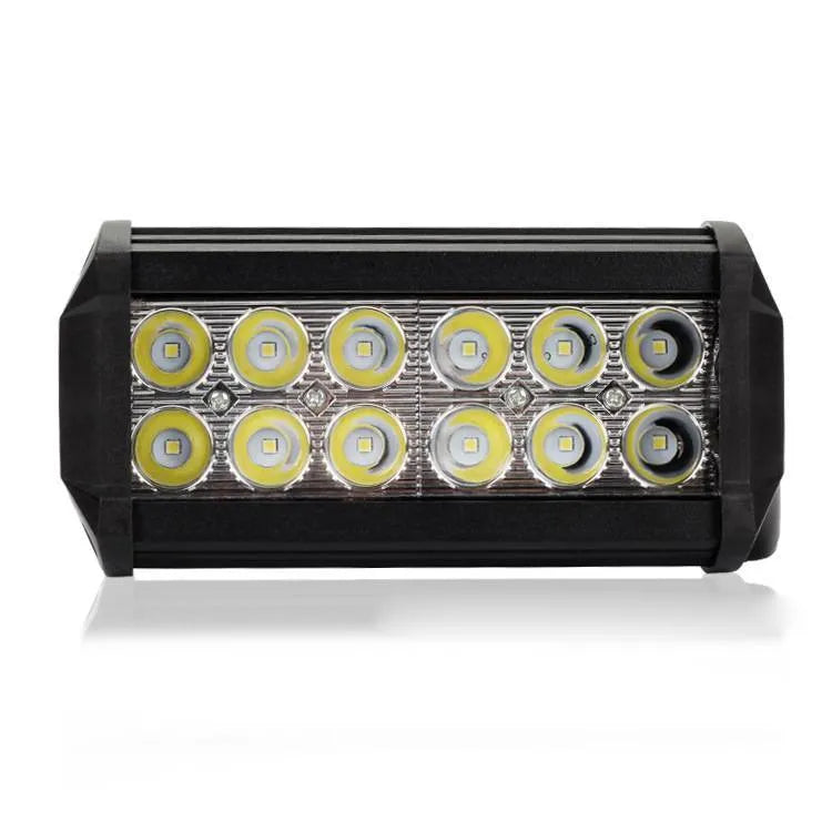 Black aluminium 36W LED work light with spotlight and floodlight optics, 165x70x80mm size, IP67 rated