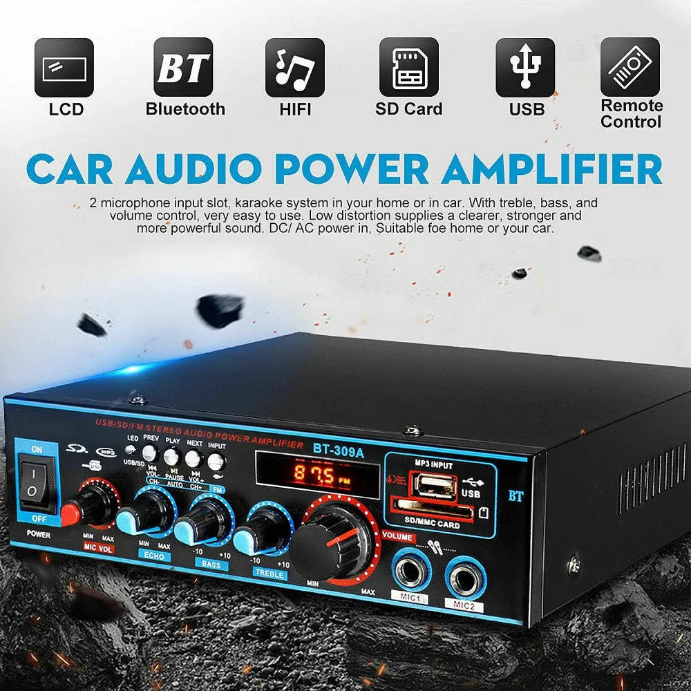 Black BT-309A-A Bluetooth power amplifier with front controls and wire clamp connections
