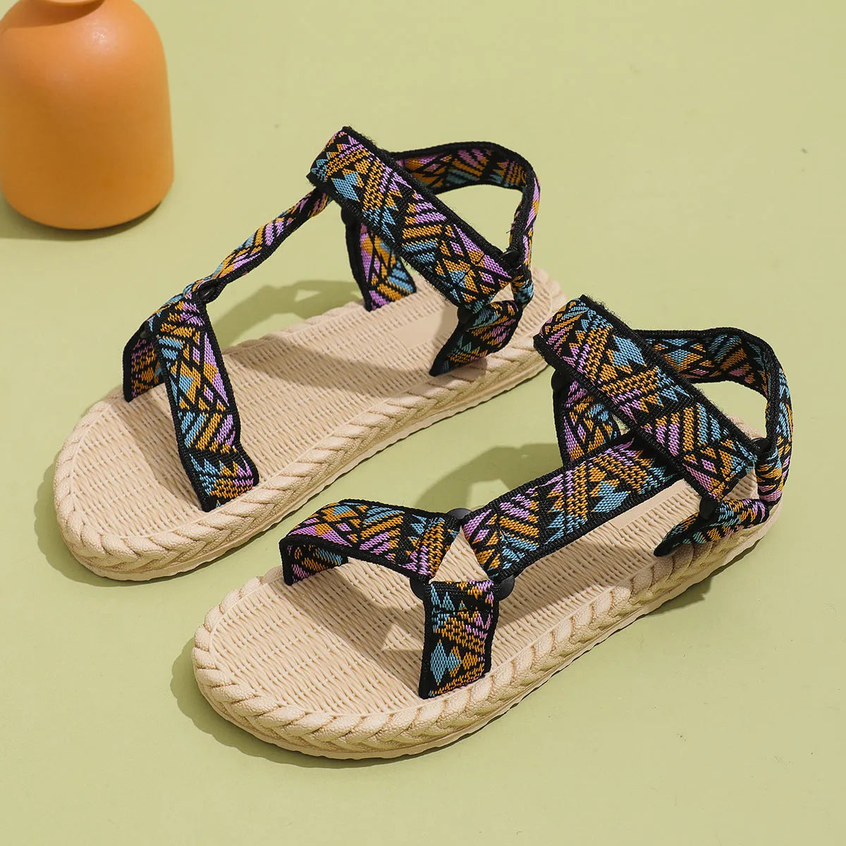 Women's non-slip soft sole round toe sandals with cloth upper and leather stitching in colour and yellow green