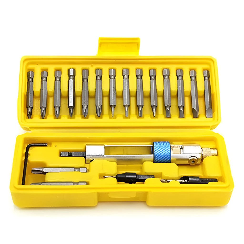 Half Time Drill Driver Set with quick-change bits and swivel head for drilling and driving modes.
