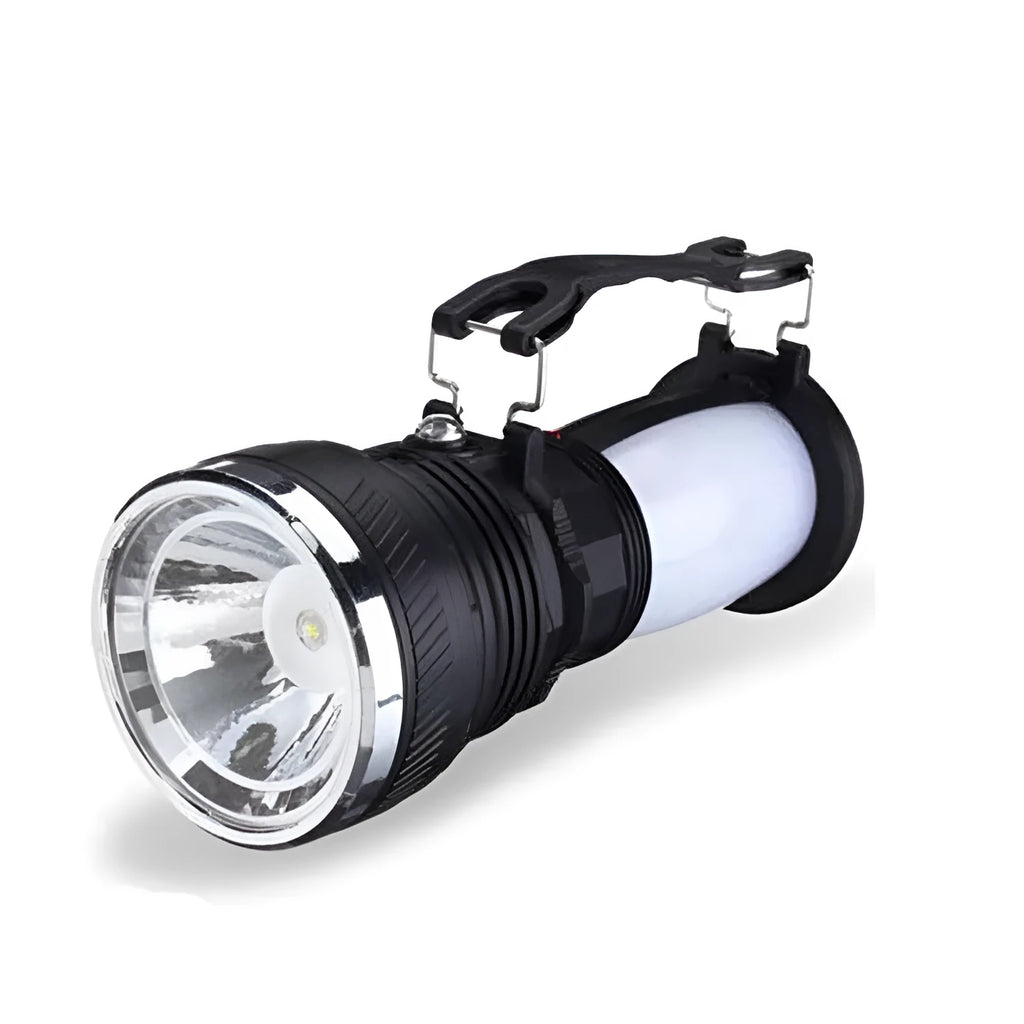 Black solar charging LED flashlight with USB port and press switch on ABS body