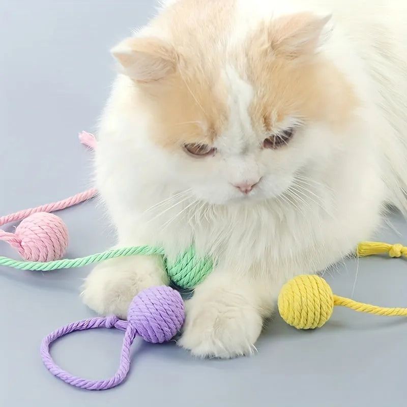 Colourful cat toy ball with rope tail and internal jingle bell in two size options