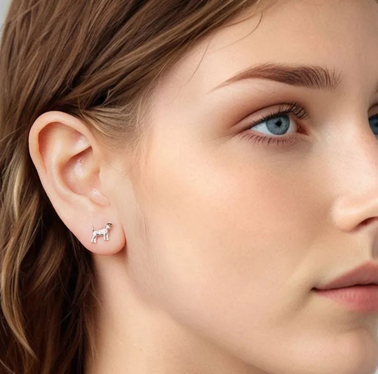 Golden retriever mini ear studs in silver with electroplated finish on a white background