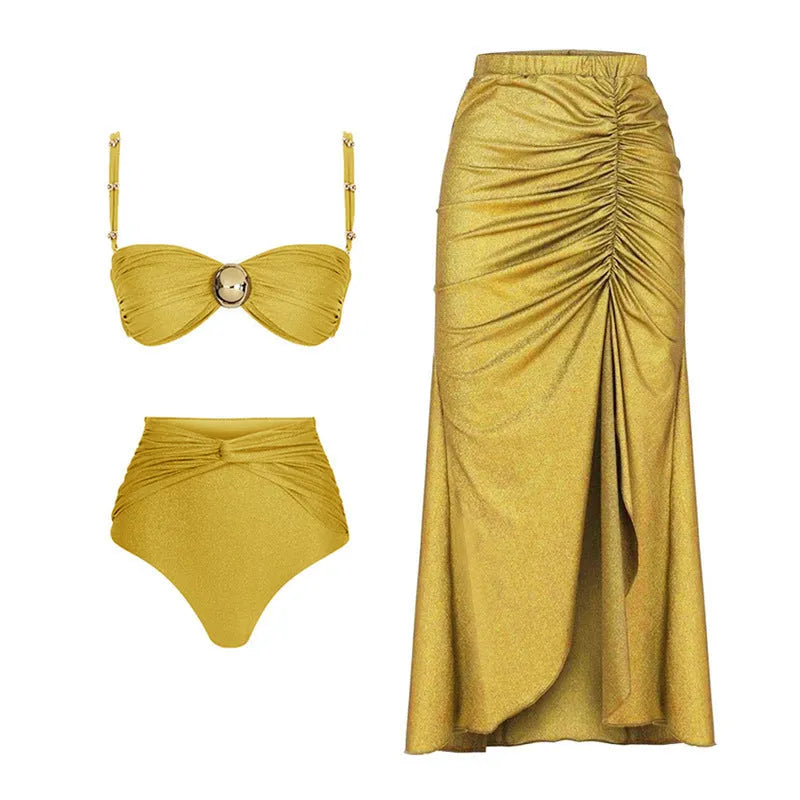 Women's high waist split bikini swimsuit in nylon fabric shown in green and yellow colour options