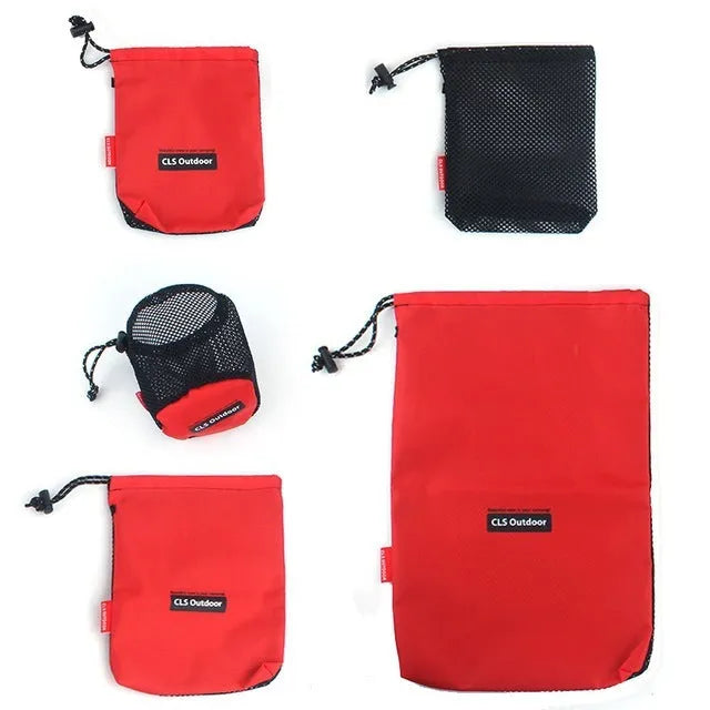 Red 5pcs outdoor travel storage bag set made of 200D Oxford cloth and mesh with zippers