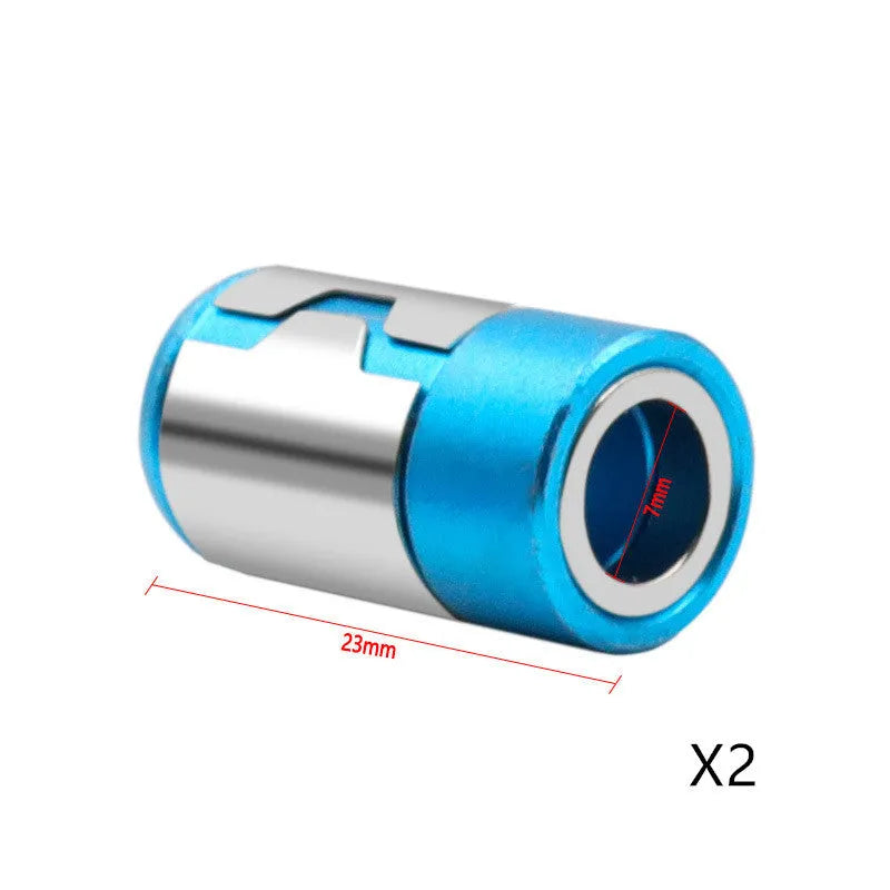 Light blue magnetic screwdriver bit for slotted screws on a plain background.