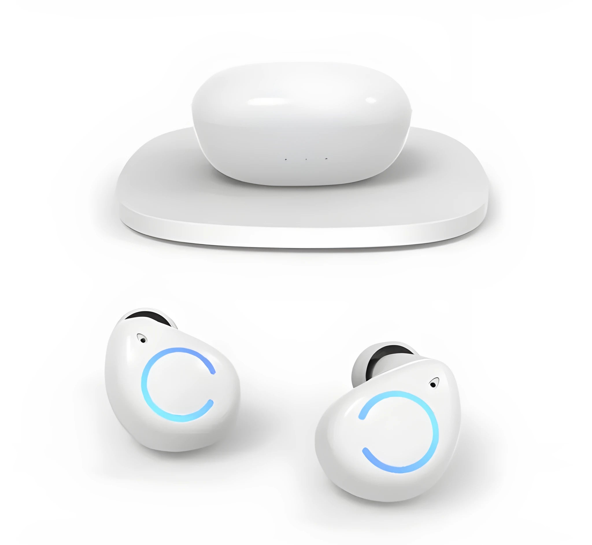M18 true wireless in-ear stereo headset in black and white colours with charging case.