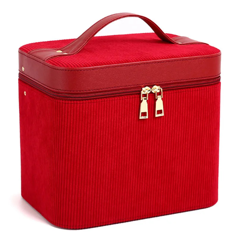 Soft corduroy cosmetic storage box with a polyester cotton lining in a choice of colours.