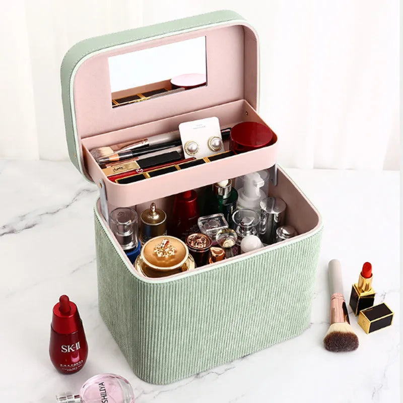 Soft corduroy cosmetic storage box with a polyester cotton lining in a choice of colours.