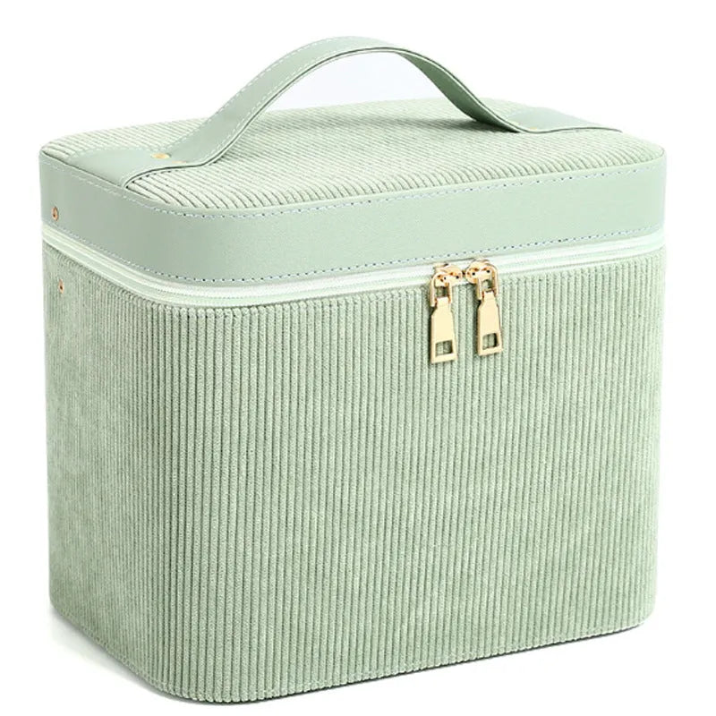 Soft corduroy cosmetic storage box with a polyester cotton lining in a choice of colours.