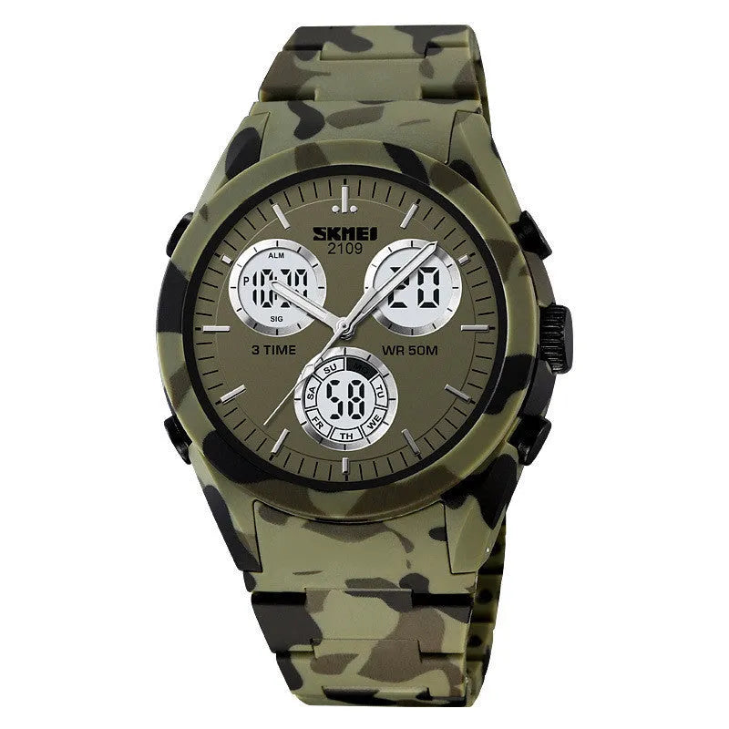 Casual electronic watch with a digital display on a camouflage-pattern TPU strap, showing stainless steel buttons.