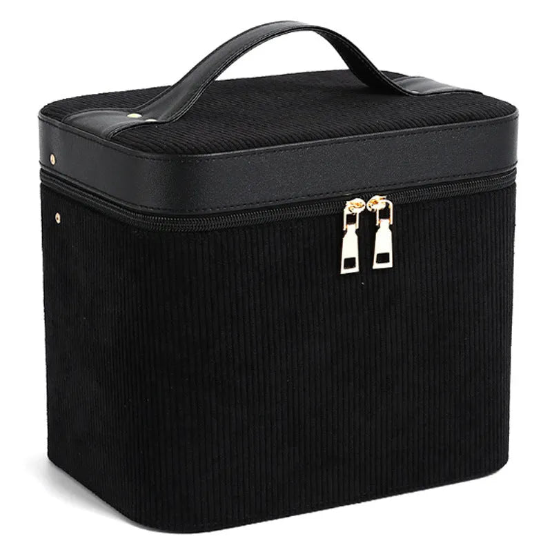 Soft corduroy cosmetic storage box with a polyester cotton lining in a choice of colours.