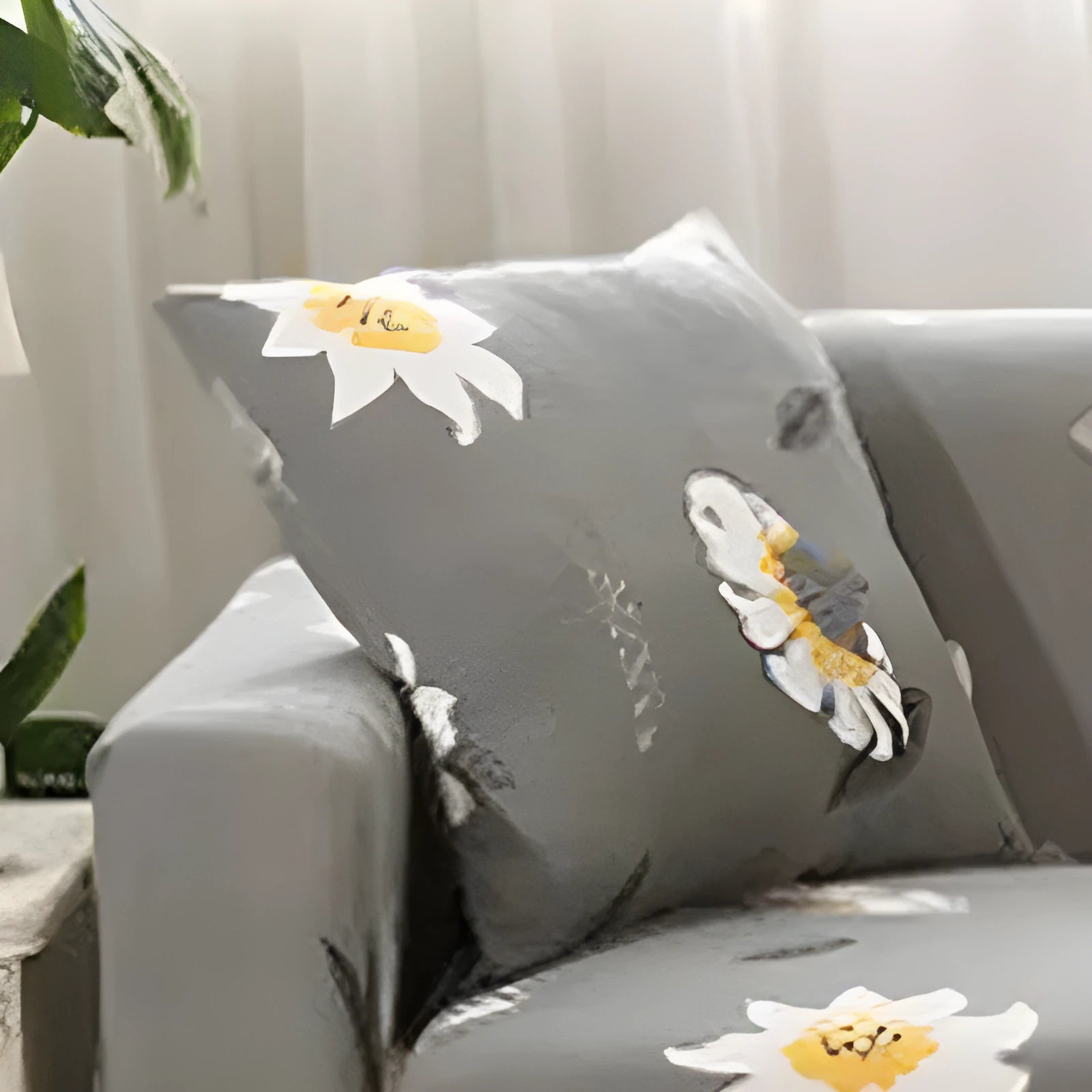 Geometric patterned stretch sofa slipcover fitted on a modern two-seater sofa.