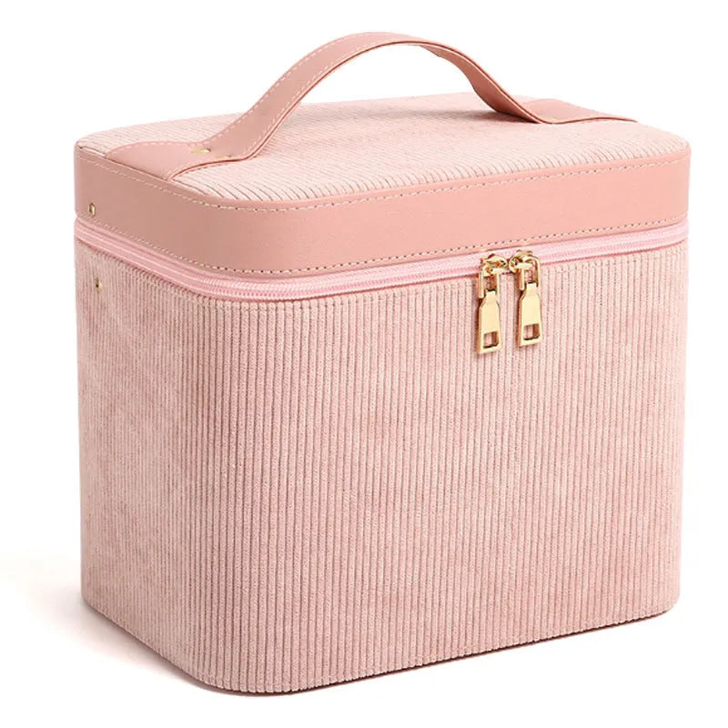 Soft corduroy cosmetic storage box with a polyester cotton lining in a choice of colours.