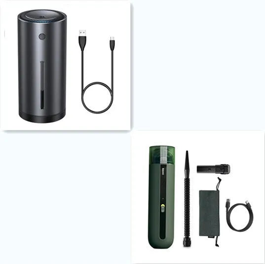 Black handheld wireless car vacuum cleaner with nozzle and blowing hose accessory