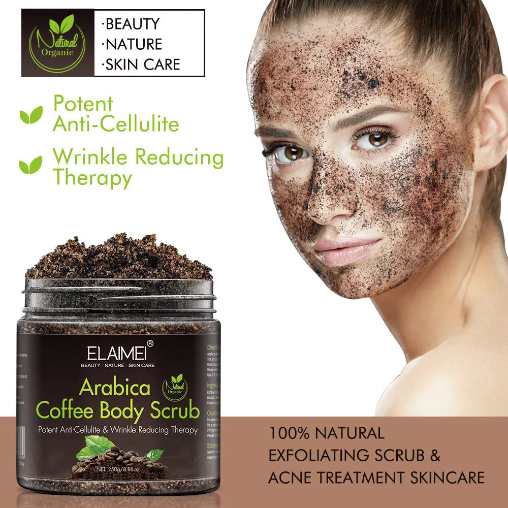 Coffee scrub exfoliating body scrub in a brown tub, 7.3 x 7.3 x 7.5 cm, with sea salt and organic coffee powder
