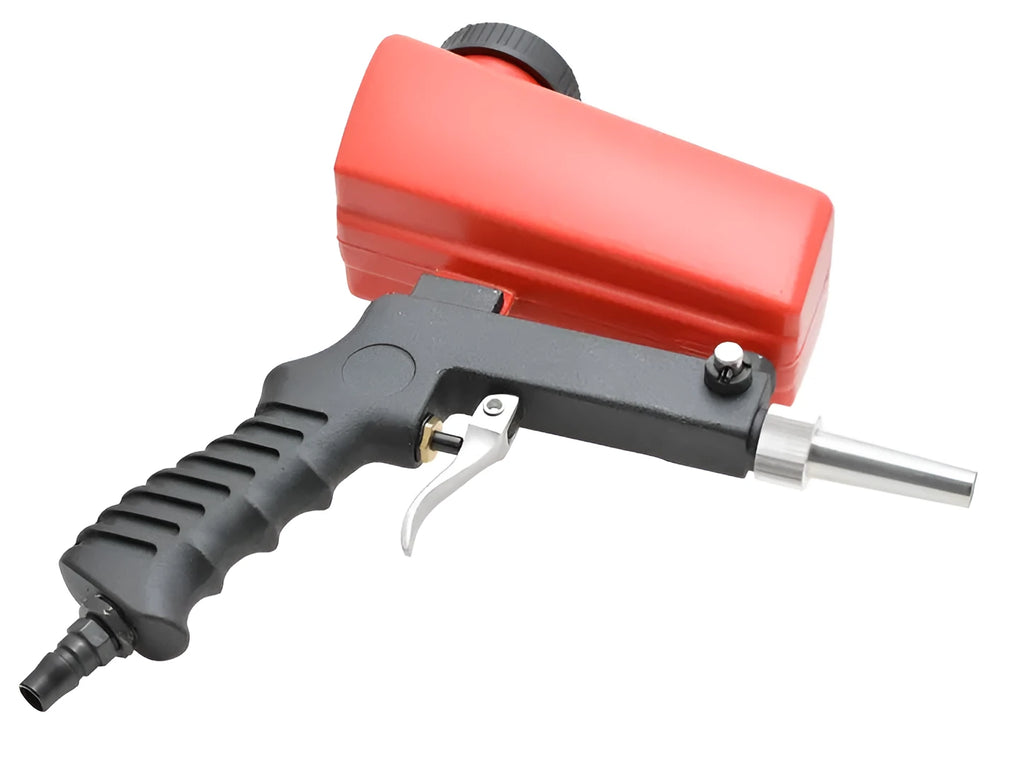 Portable black or blue gravity feed pneumatic sandblasting gun with tank and nozzle.