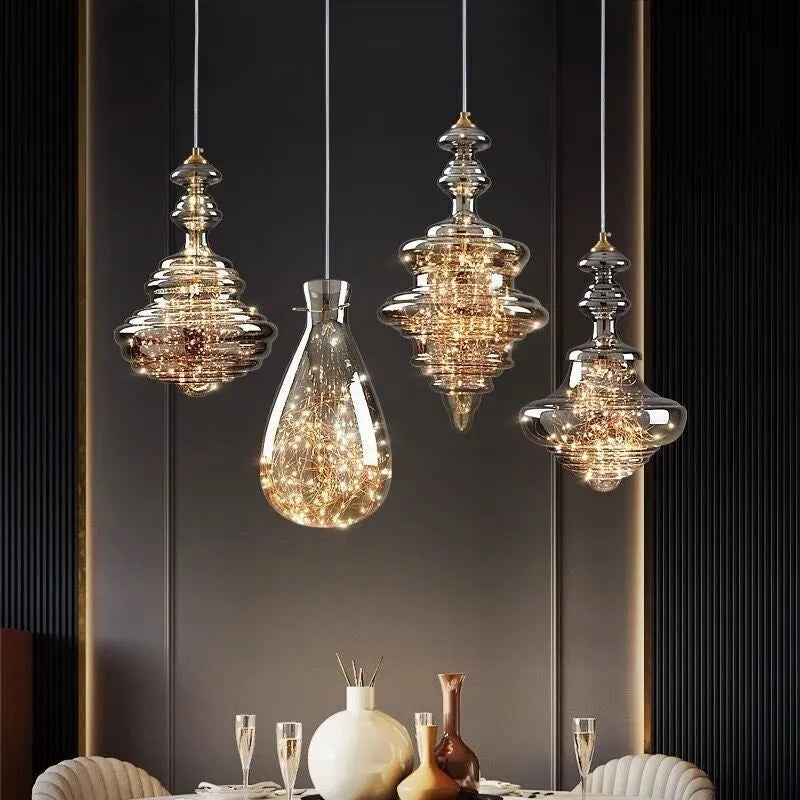 Modern simple style glass chandelier ceiling lamp with adjustable cord and remote control.