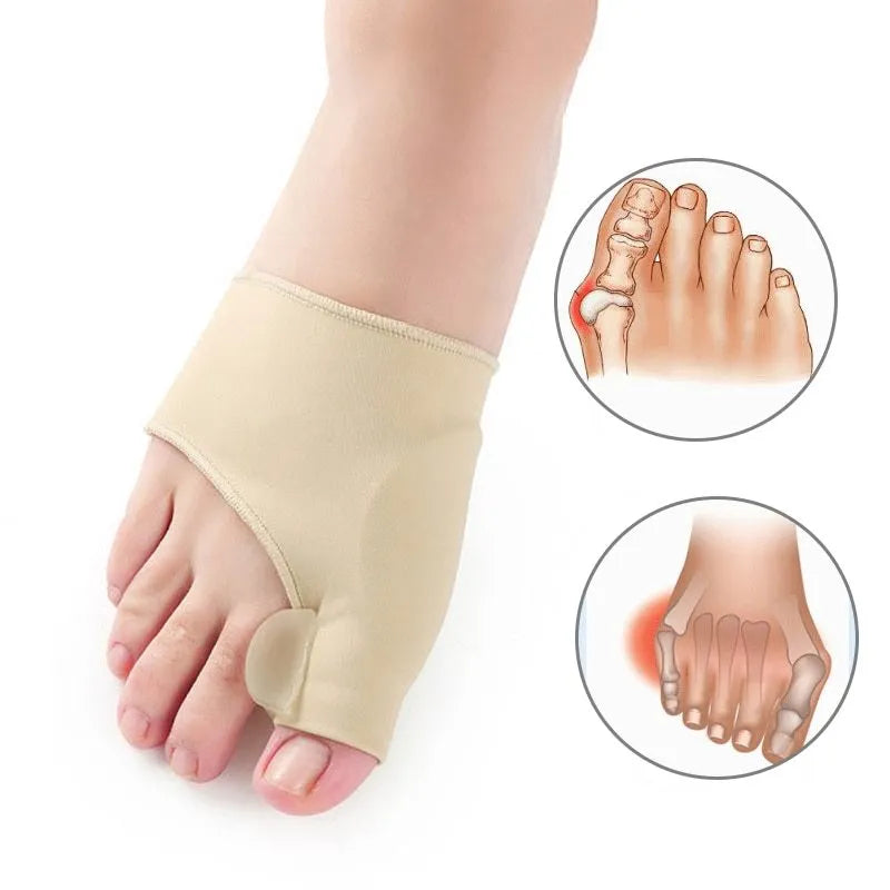 Valgus toe separator corrective socks with silicone gel bunion pad shown in sizes S, M, and L.