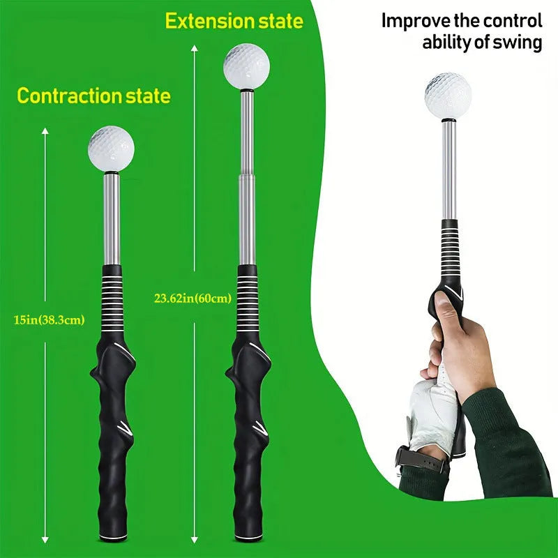 Telescopic stainless steel golf swing simulator trainer in black, blue, or red colour.
