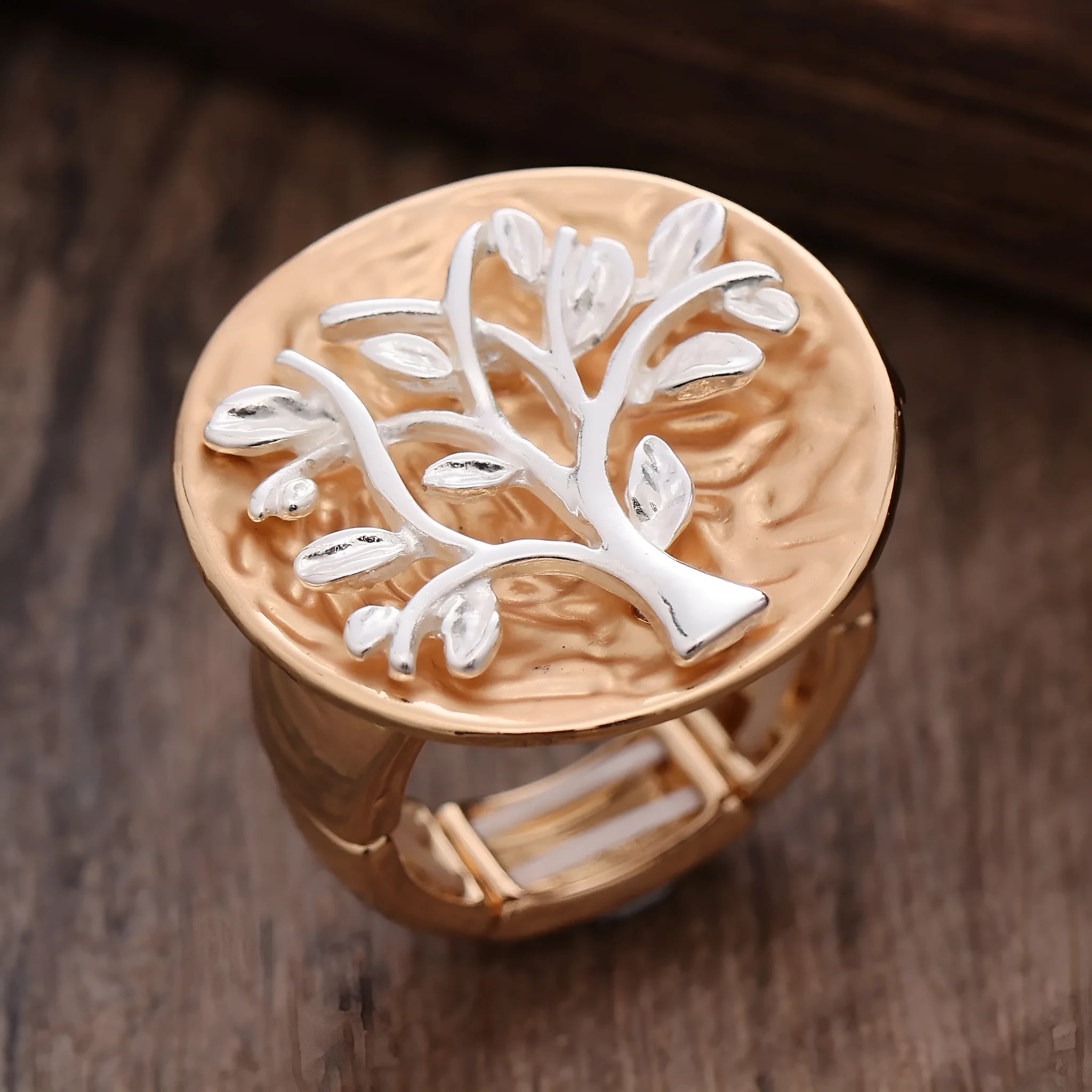 Round hollow colour painting oil lucky tree stretch ring in silver and gold tones for women