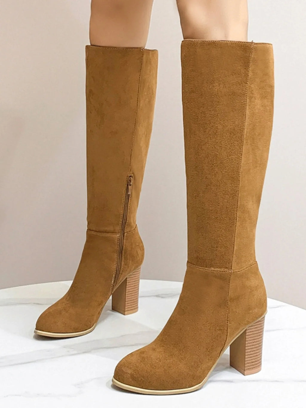 Women's square toe high heel fashion boots in black and dark brown artificial PU available in sizes 36 to 42