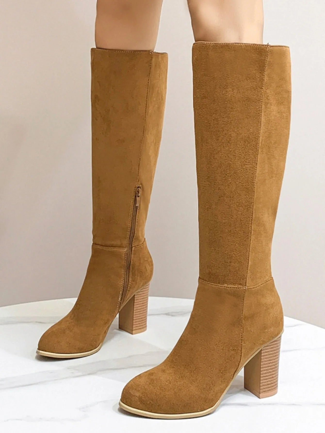 Women's square toe high heel fashion boots in black and dark brown artificial PU available in sizes 36 to 42