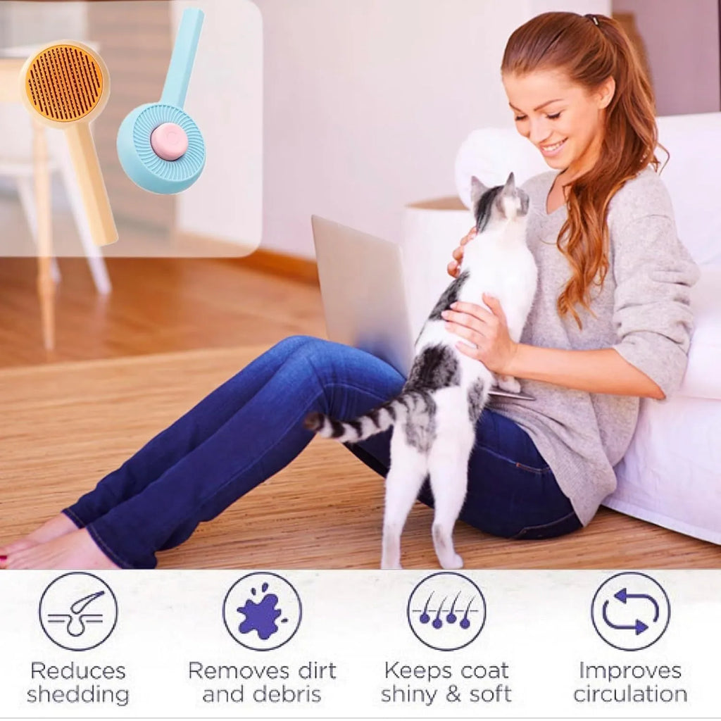 Blue pet grooming brush with self-cleaning button and angled metal bristles