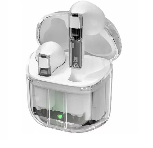 Jerry chip true wireless Bluetooth headphones in a transparent space capsule case, colour options shown