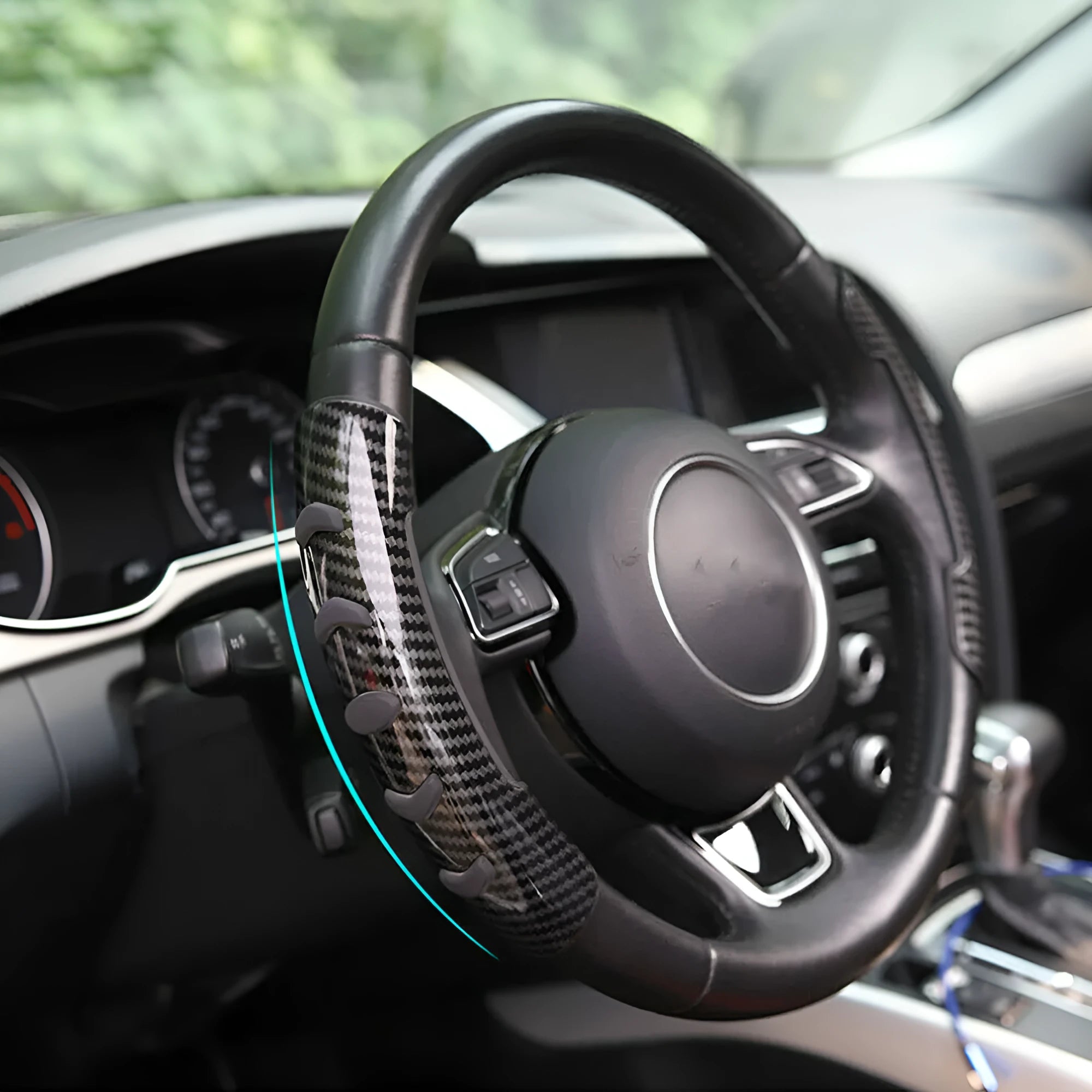 Carbon fibre black steering wheel anti-skid sleeve showing textured fibre surface and 38cm diameter measurement