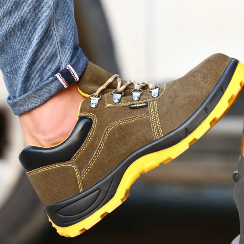 Bronze coloured leather men's steel toe safety shoes with a low-cut design and anti-skid sole.