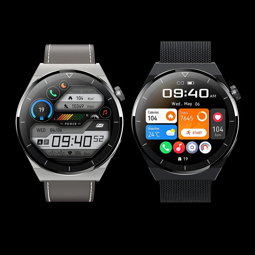 Black Bluetooth smart watch with round 1.36-inch display and silicone strap showing calling and NFC functions