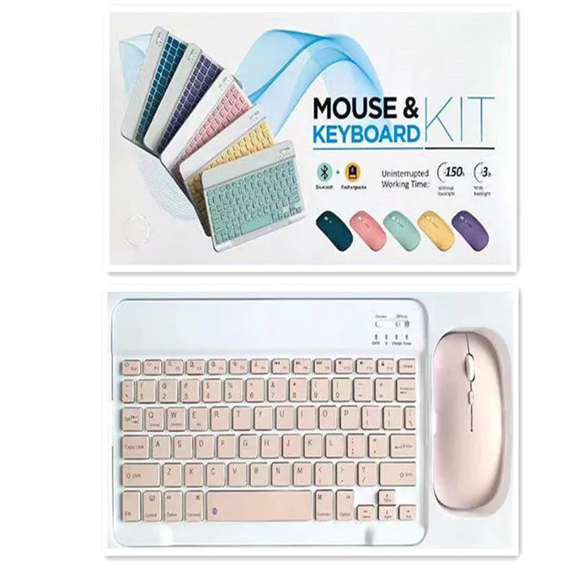 10-inch solid colour Bluetooth keyboard and rechargeable dual-mode mouse set on a desk.