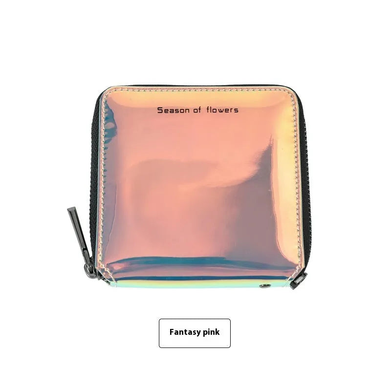 Short Korean style PU leather women's folding wallet in glitter, blue or green, showing compact 11cm size.