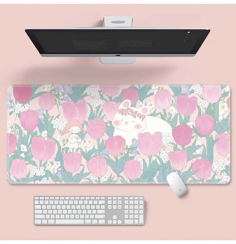Large flower pattern computer mouse pad with natural rubber base showing floral cartoon design options