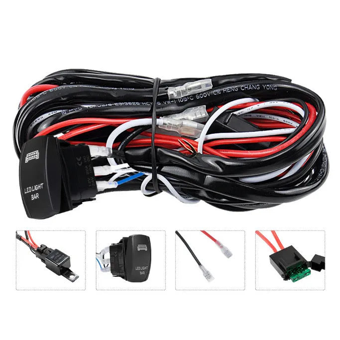 Black off road LED spotlight cable set with switch for vehicle lighting installation