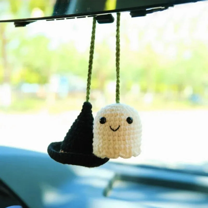 Hand-woven polyester car hanging ornament in cartoon design hanging from rear-view mirror