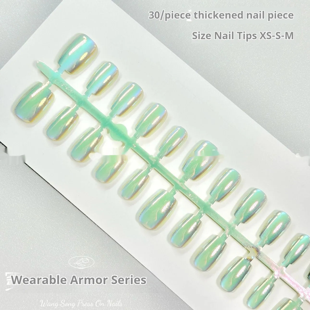 Electroplated Cat's Eye false nail wraps showing Aurora and solid colour designs in short ladder sizes XS, S, and M.