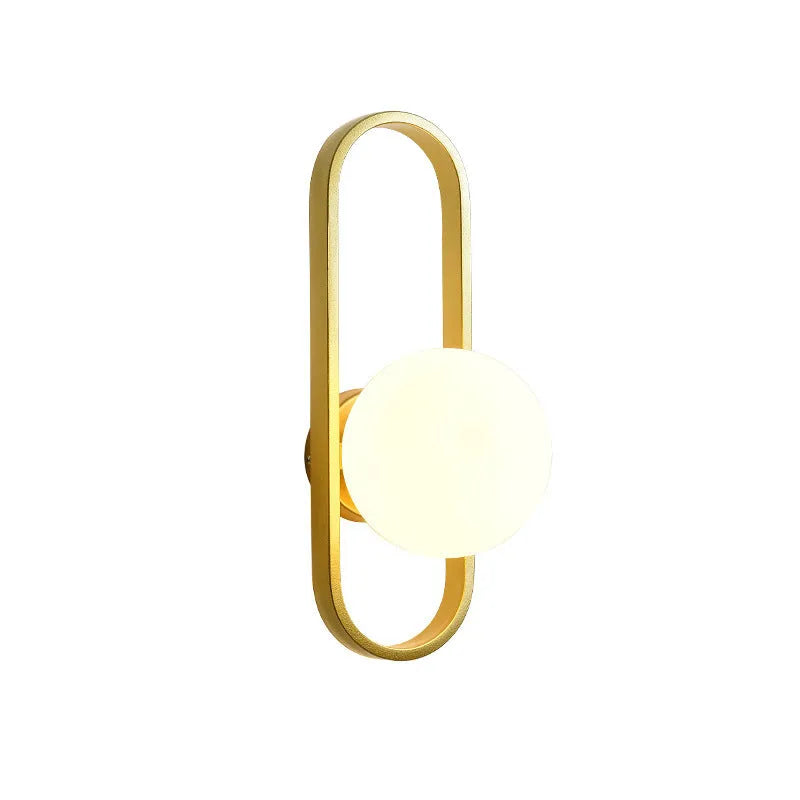 Minimalist wall lamp with glass shade and iron body in black or gold finish showing 12W bulb options