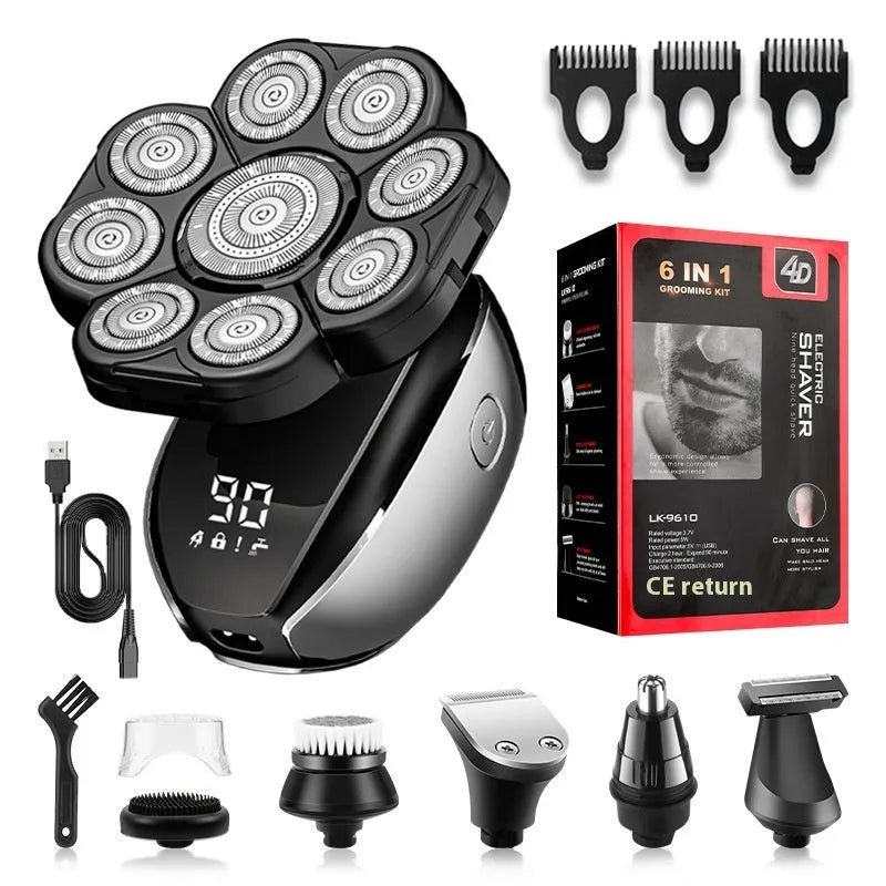 Black 6-in-1 rechargeable hair clippers shaver kit with multiple grooming attachments including shaving head and trimmer