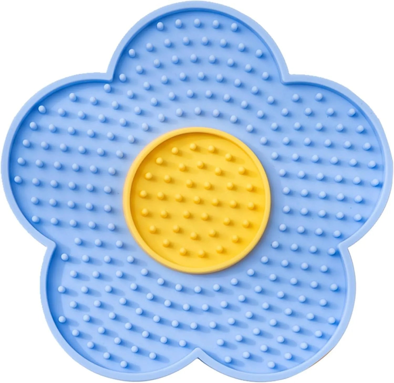A blue flower-shaped silicone lick mat for pets with four white suction cups on the underside.