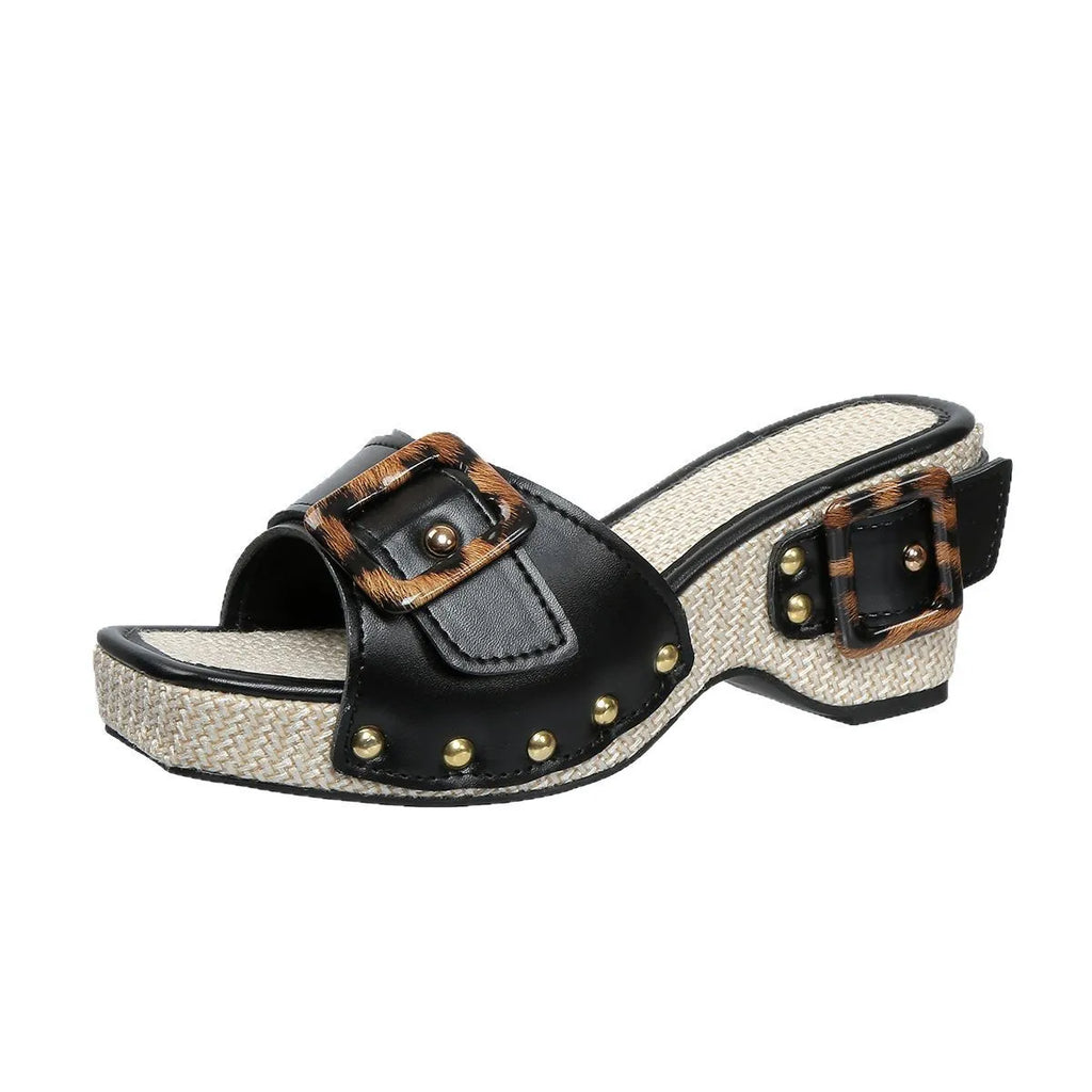 Plus size platform wedge sandals with square toe, rivet detail, and PU upper in black