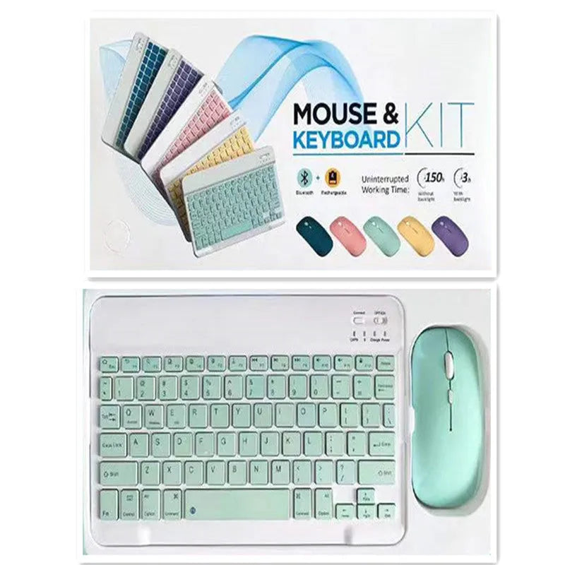 10-inch solid colour Bluetooth keyboard and rechargeable dual-mode mouse set on a desk.