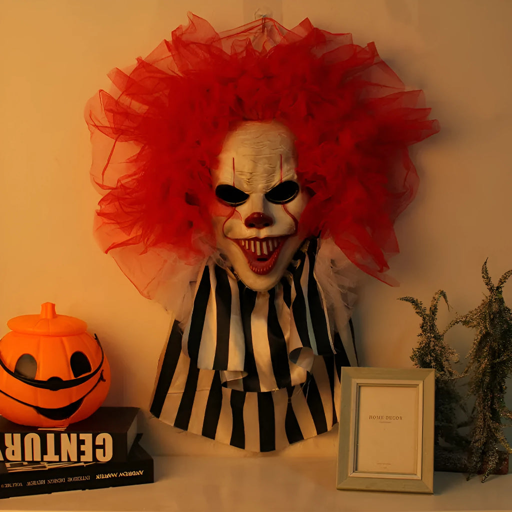 Red clown horror wreath door hanging decoration made of cloth for Halloween party