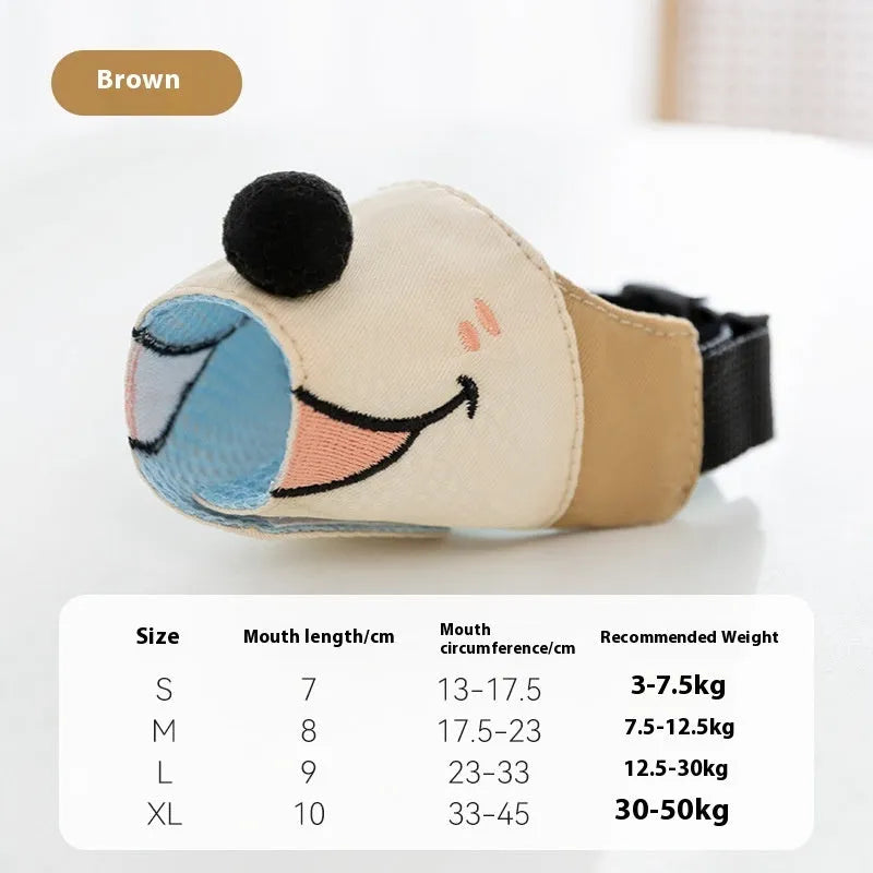 Canvas dog muzzle anti-bite product showing Ollie Brown Bear and Bondi Blue Shark colour options